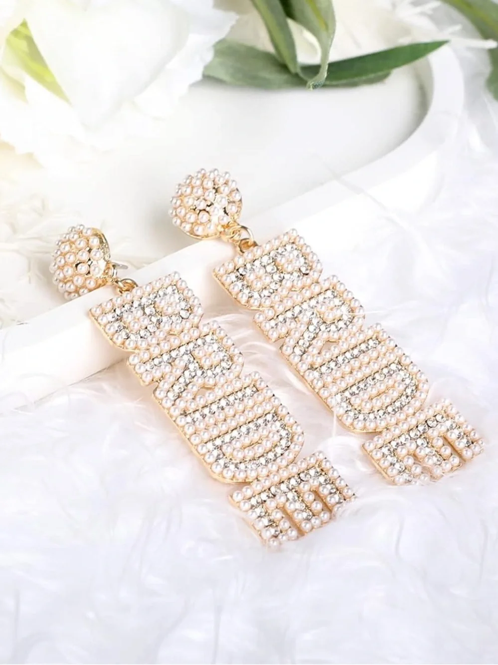 Anthropologie Pearl & Crystal Logo Drop Earrings in Gold and Pearl